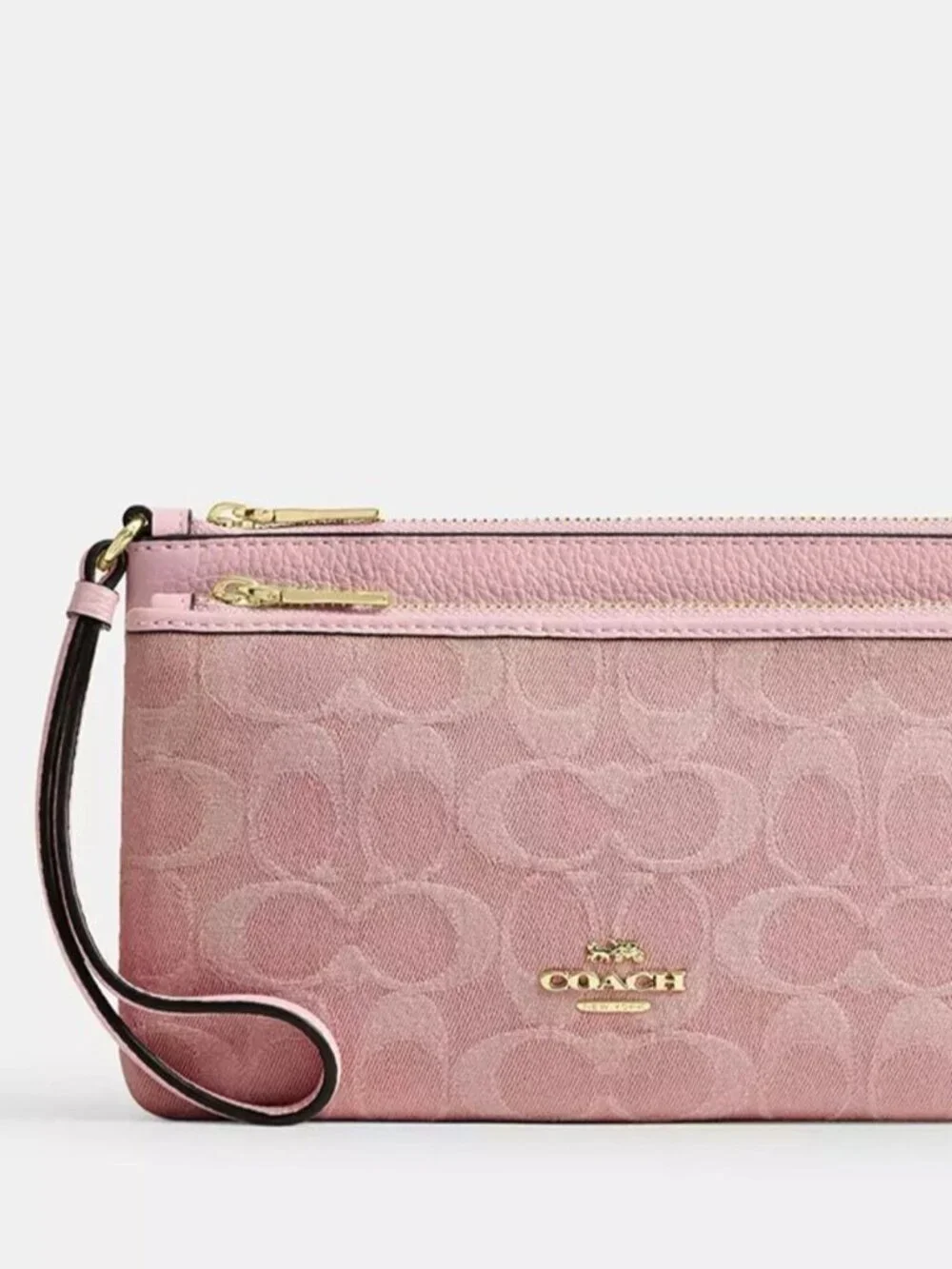 Coach Double Zip Wallet Wristlet In Signature Denim Light Pink CDN22